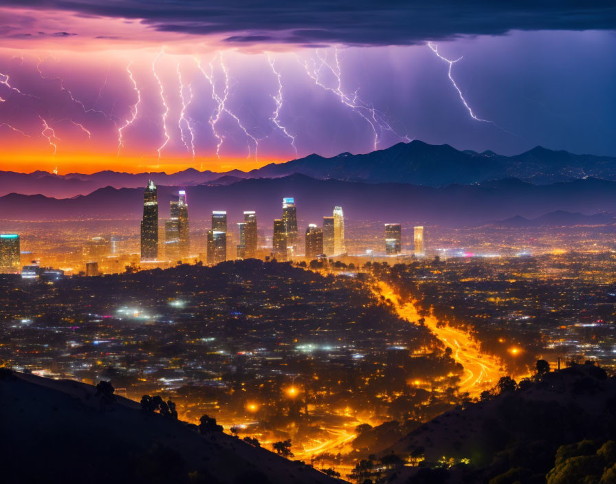 Cityscape at Twilight with Dramatic Lightning Storm Above Silhouetted Mountains