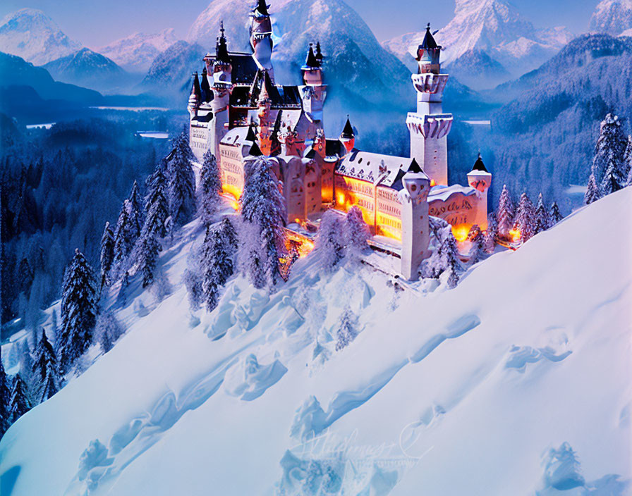 Snow-covered castle at twilight with alpine mountains and frosted trees