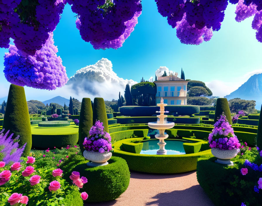 Vibrant garden with topiary hedges, fountain, and mansion nestled in mountains