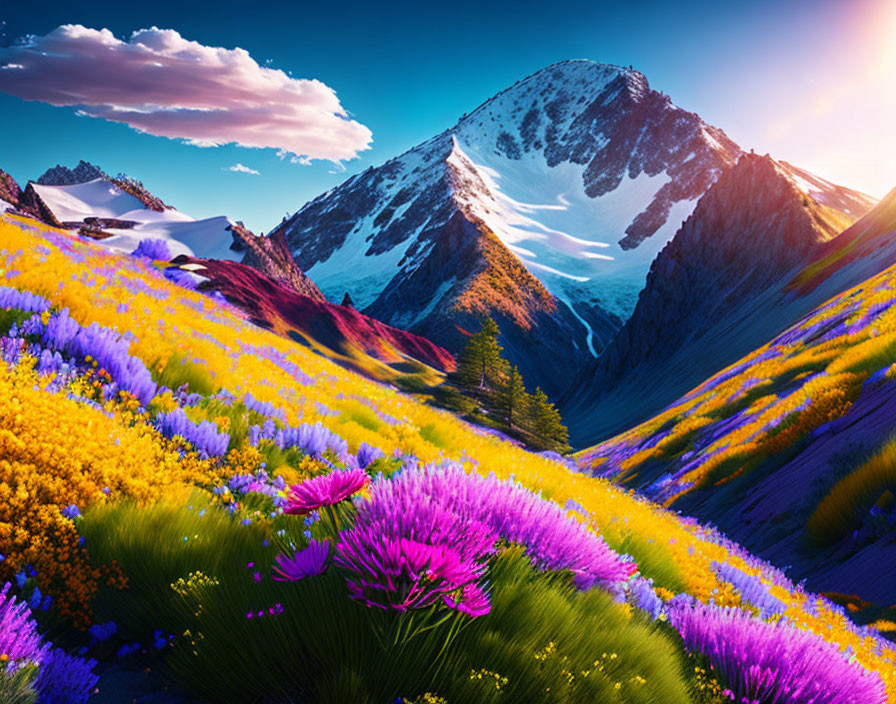 Vibrant meadow with purple and yellow flowers, blue sky, and snow-capped mountain.