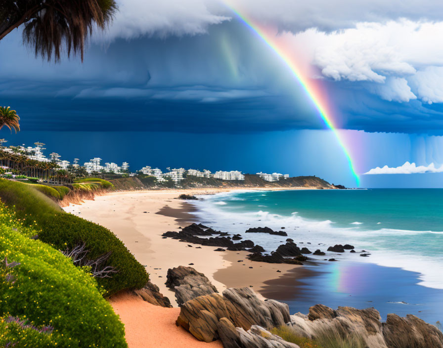 Vibrant rainbow over stormy coastal beach