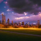 Purple Sunset Over City Skyscrapers and Green Park