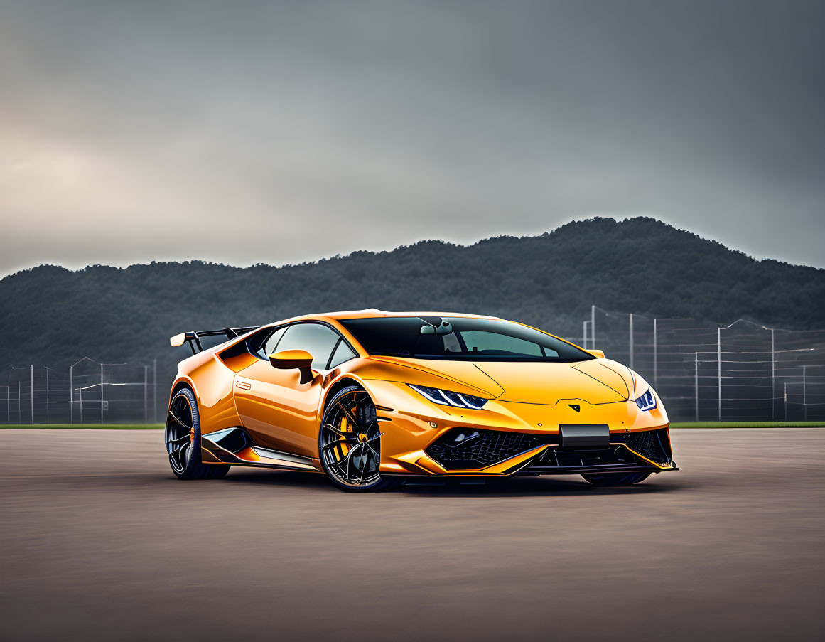 Yellow Sports Car with Black Accents on Asphalt with Mountain Background