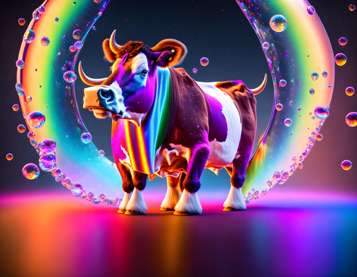 Colorful Cow with Rainbow Sheen in Iridescent Circle and Bubbles on Gradient Background