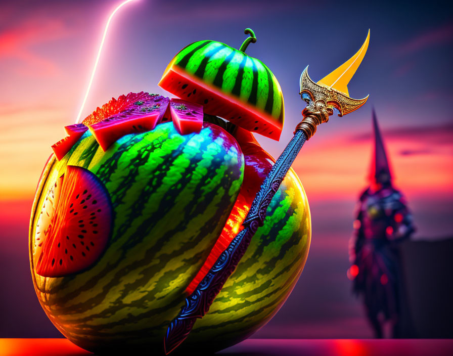 Artistic depiction of sliced watermelons with a sword, set against a sunset backdrop.