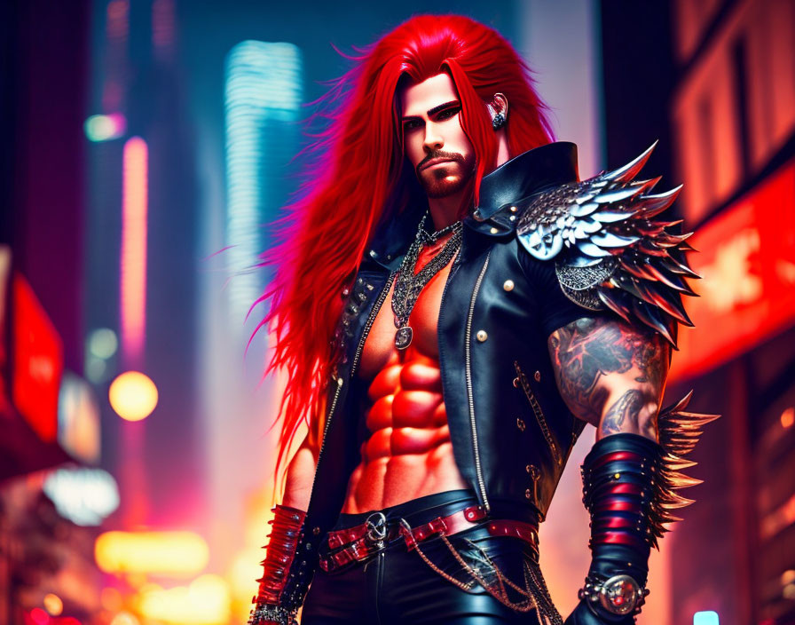 Male figure with red hair and tattoos in urban setting with neon lights