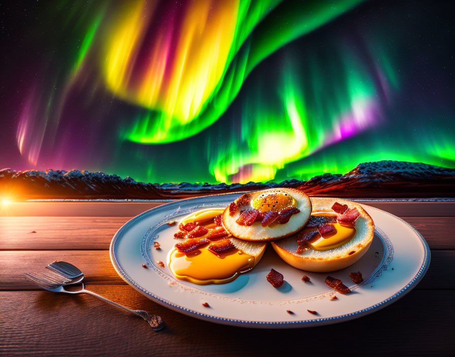 Plate of Eggs and Bacon with Aurora Borealis Sky