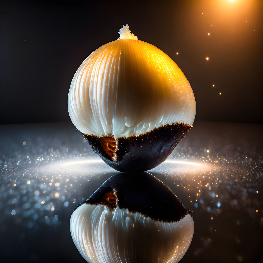 Onion with artistic lighting on glossy surface