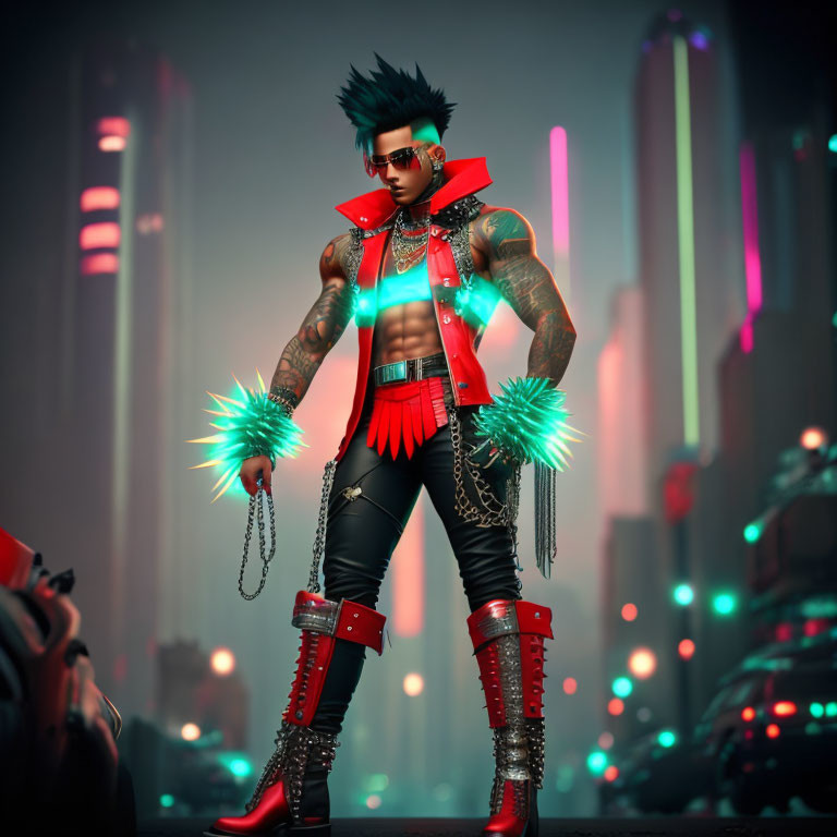 Punk-inspired character with spiked hair, tattoos, and red gear in neon cityscape