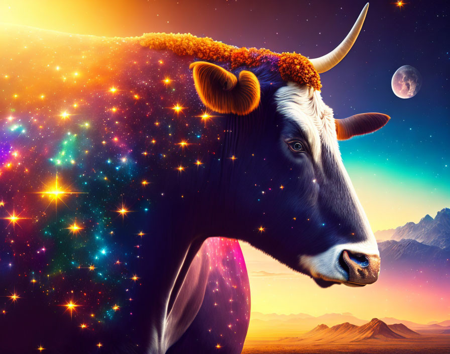 Star-filled Cosmic Bull with Galaxy Backdrop, Mountains, and Planets