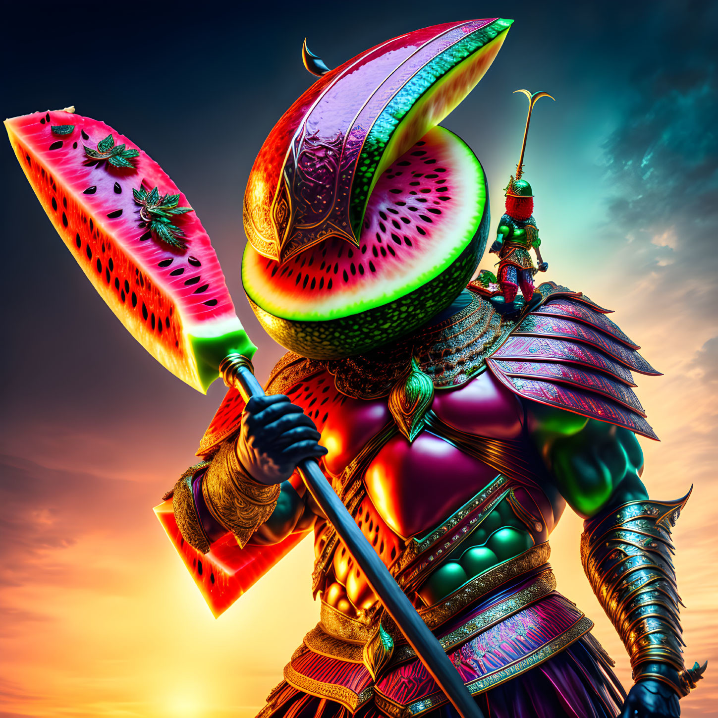 Colorful Armored Warrior with Watermelon Helmet & Spear in Sunset Sky