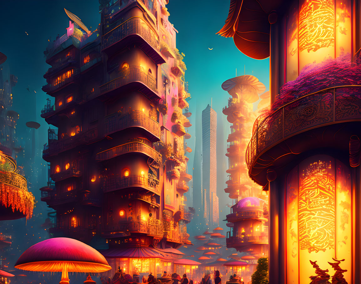 Futuristic cityscape at dusk with neon lights, flying cars, and Asian architecture