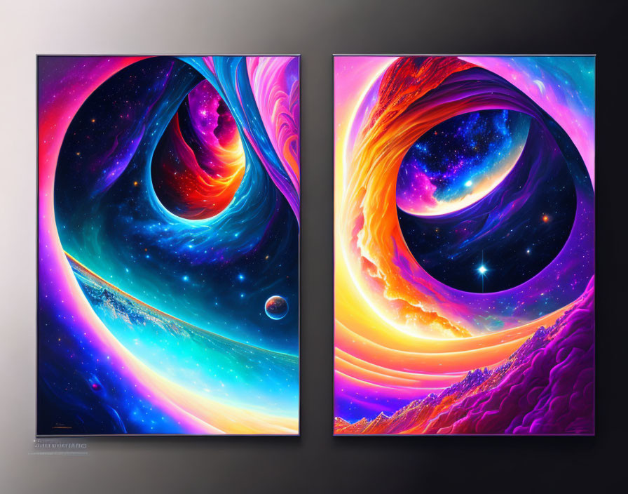 Vibrant cosmic art: swirling nebulas, stars, celestial bodies in vivid colors