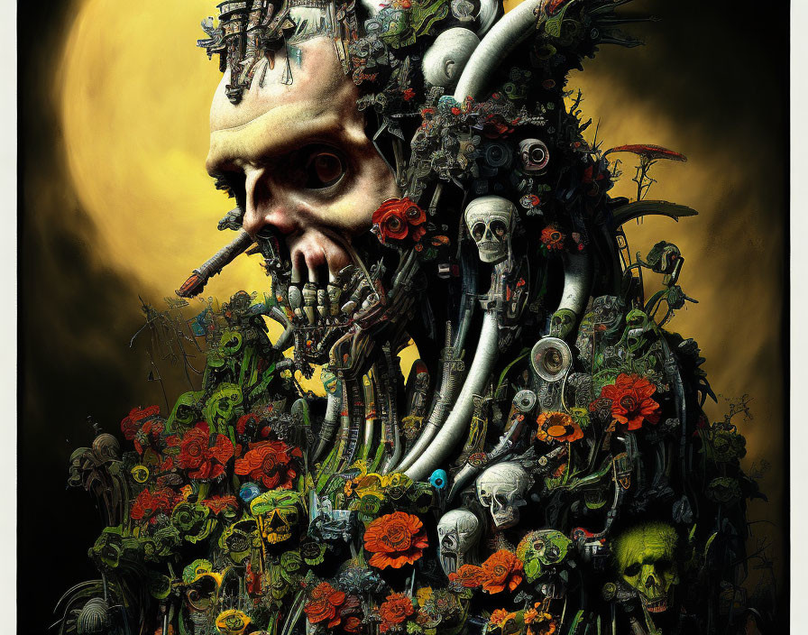 Surreal portrait: human skull with mechanical parts and vibrant flowers