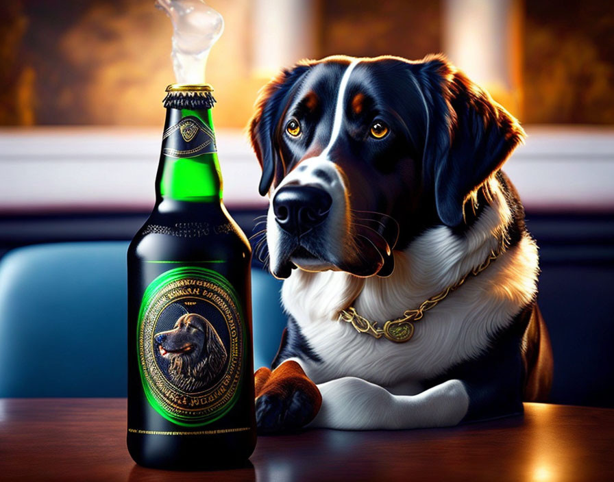 Black and white dog with shiny collar next to open bottle with dog label