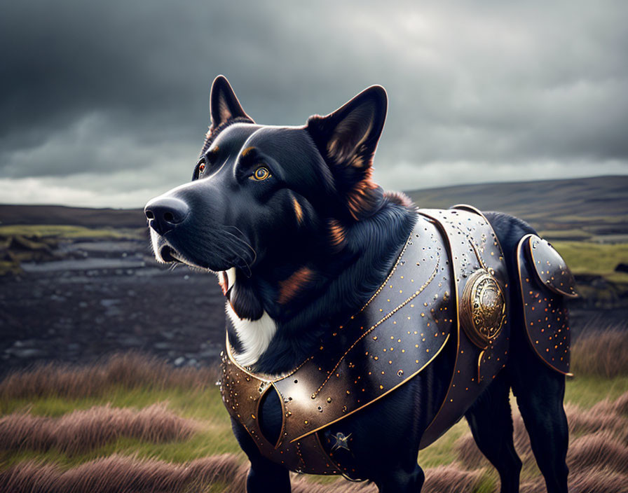 Black Dog in Medieval Armor on Moorland Under Dramatic Cloudy Sky