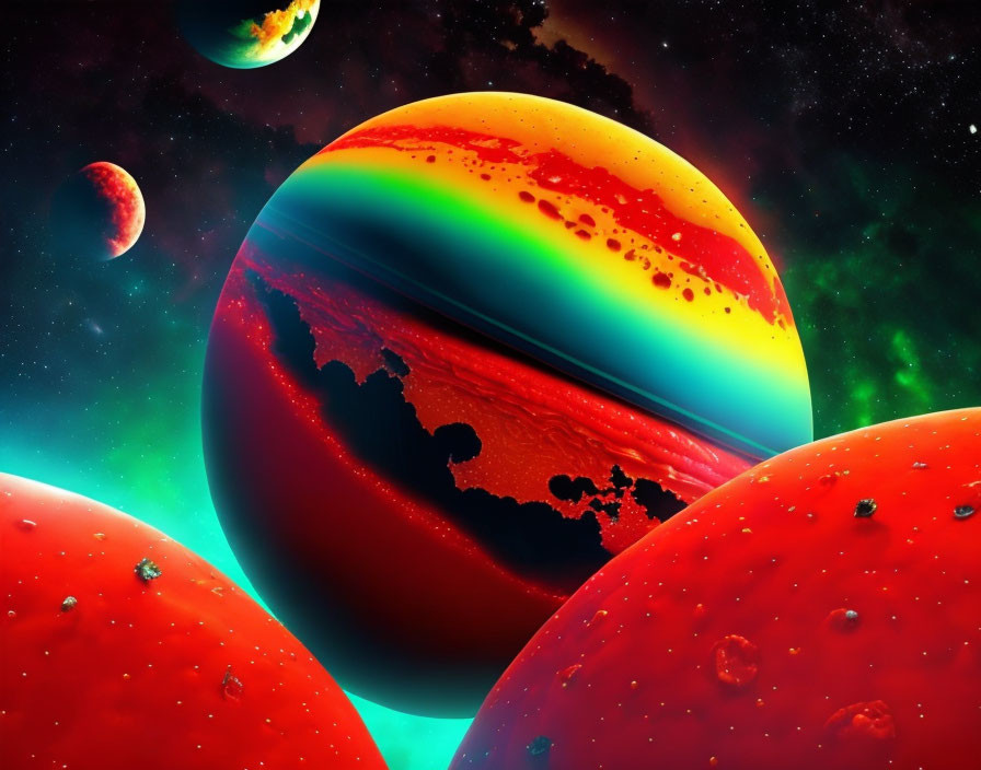 Colorful fantasy planets in vibrant digital art piece