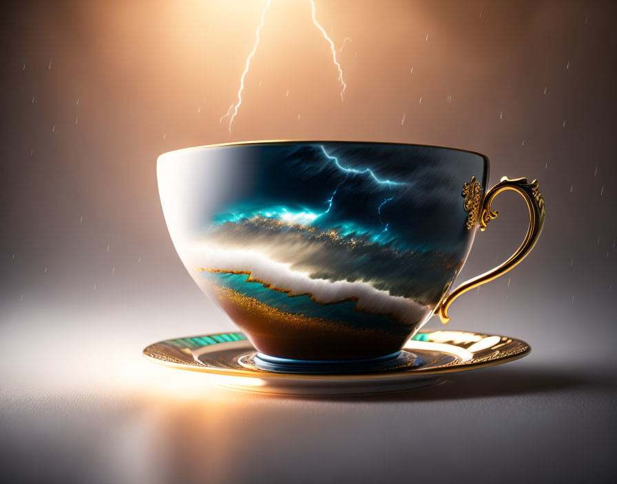 Surreal coffee cup with storm scene on gradient backdrop