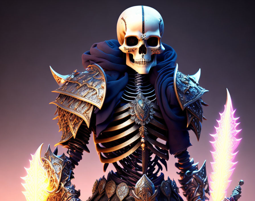 Skeleton warrior digital artwork in ornate armor with glowing sword on gradient background