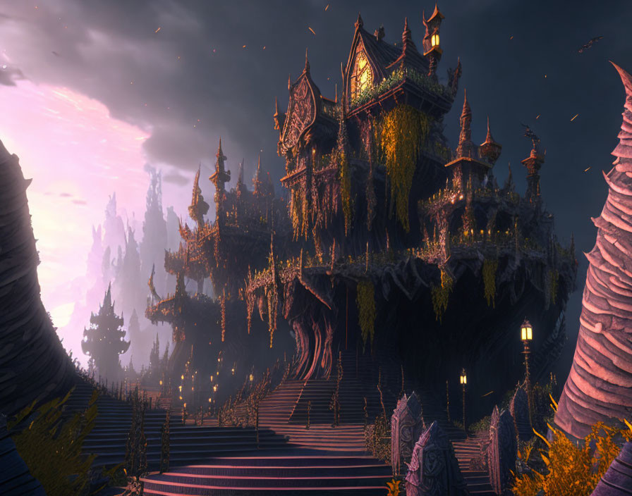 Eerie palace with intricate architecture in purple twilight landscape