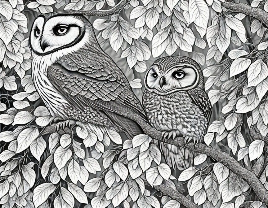 Detailed Monochrome Owls Perched on Branch in Foliage