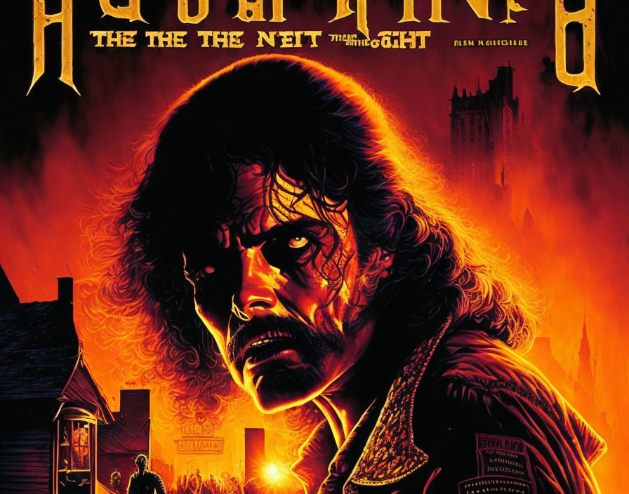 Menacing figure on fiery gothic movie poster with colonial-era houses