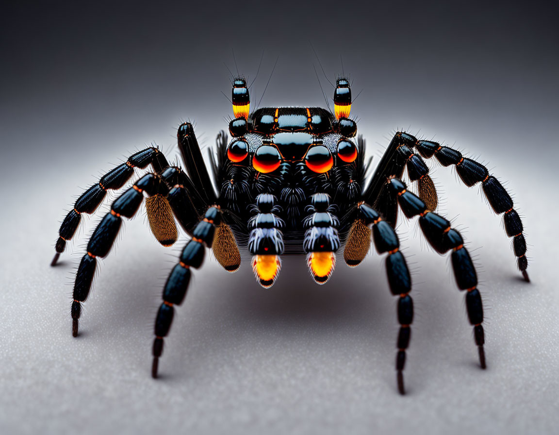 Colorful Jumping Spider with Orange Markings and Reflective Eyes on Smooth Surface