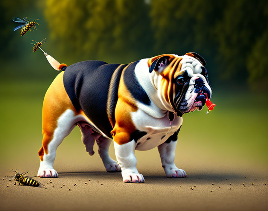 Robust bulldog with black, brown, and white fur playing with bees on green background