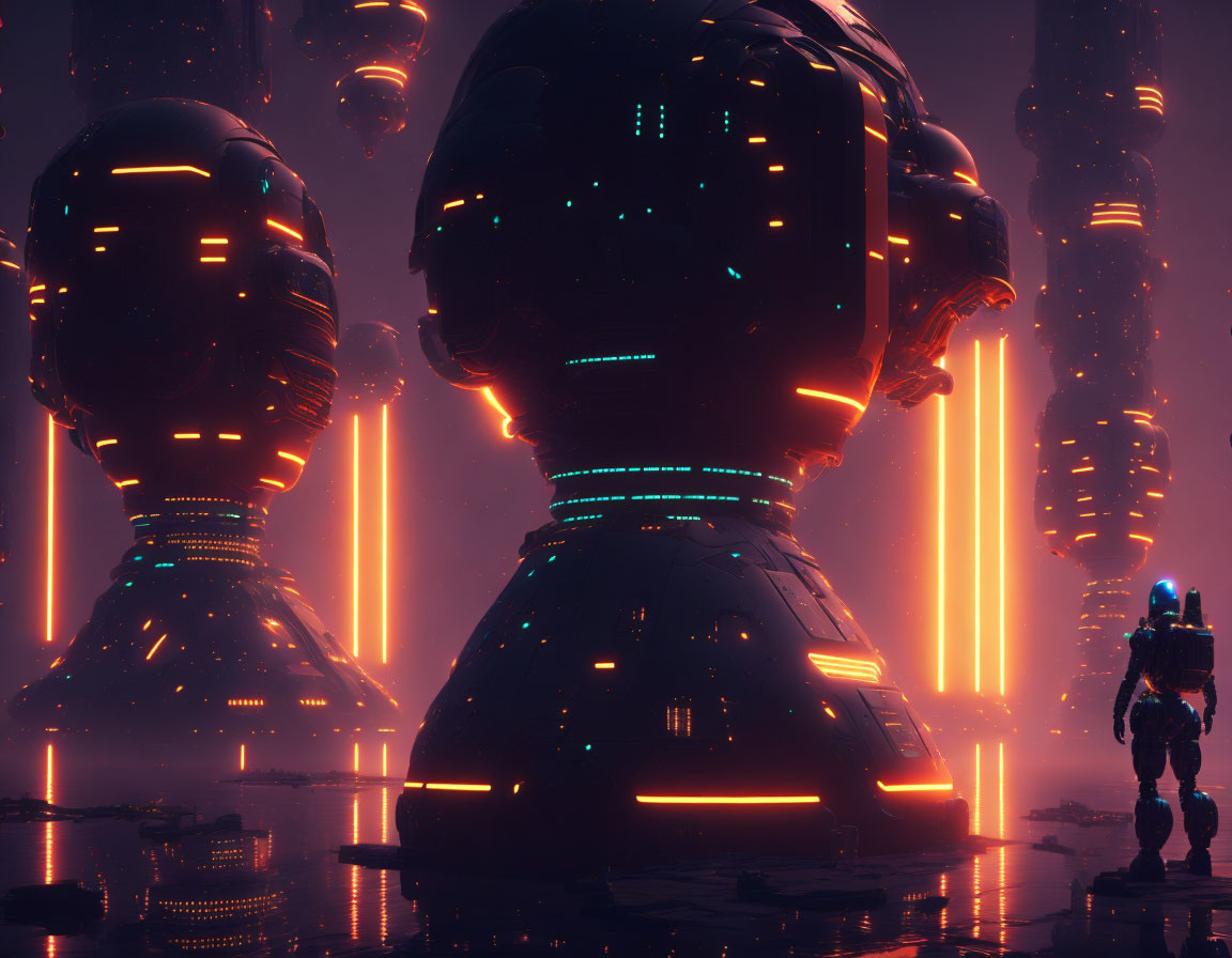 Futuristic night cityscape with neon-lit towers and armored figure