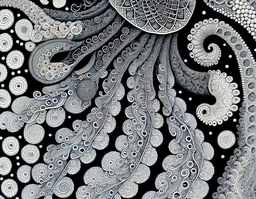 Detailed Black and White Abstract Artwork with Swirls and Paisley-like Designs