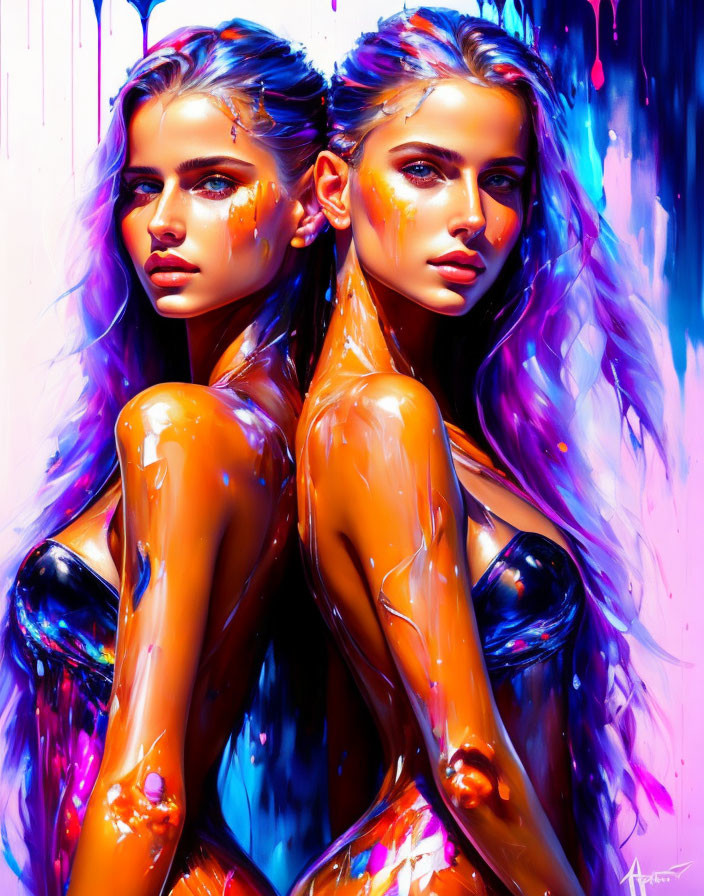 Colorful Digital Art Featuring Two Women with Glossy Skin and Blue Eyes