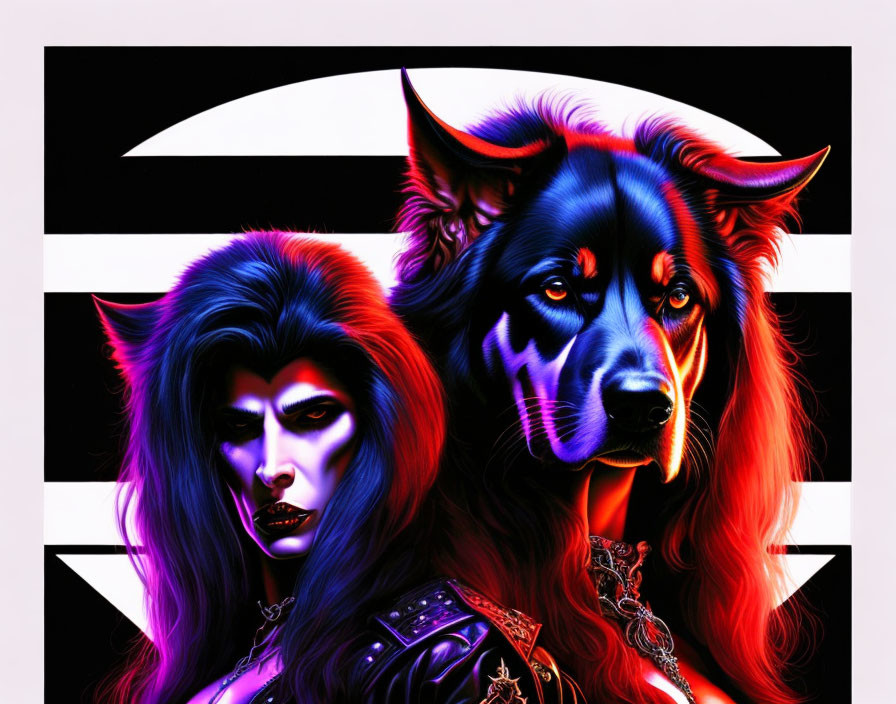 Digital Artwork: Woman with Wolf-like Features and Red-Accented Black Wolf