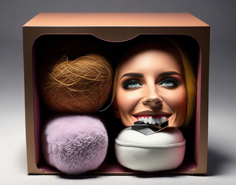 Surreal illustration of boxed female face with pink fur ball and string ball elements