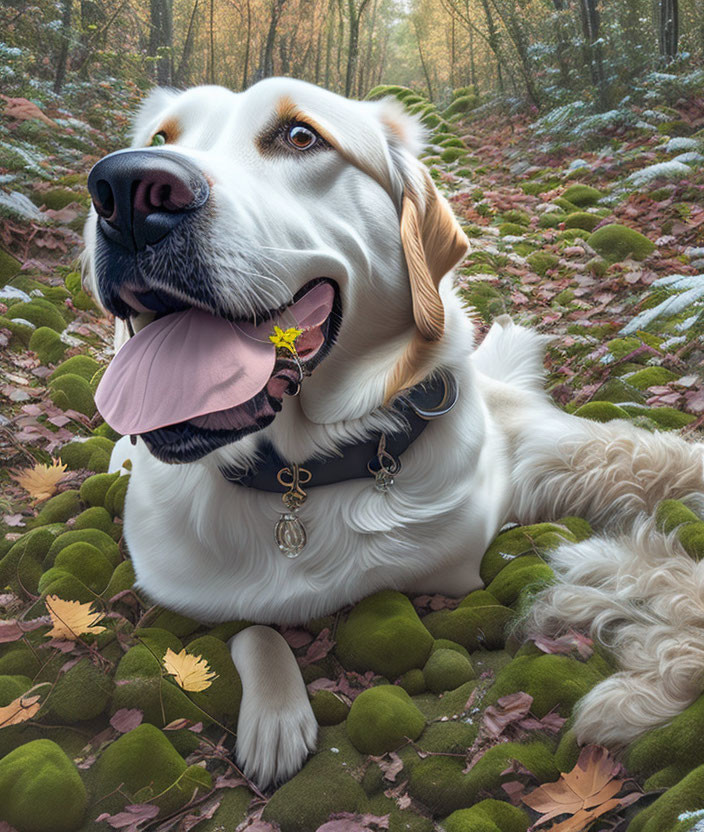 Golden retriever in forest with tiny human rider on tongue