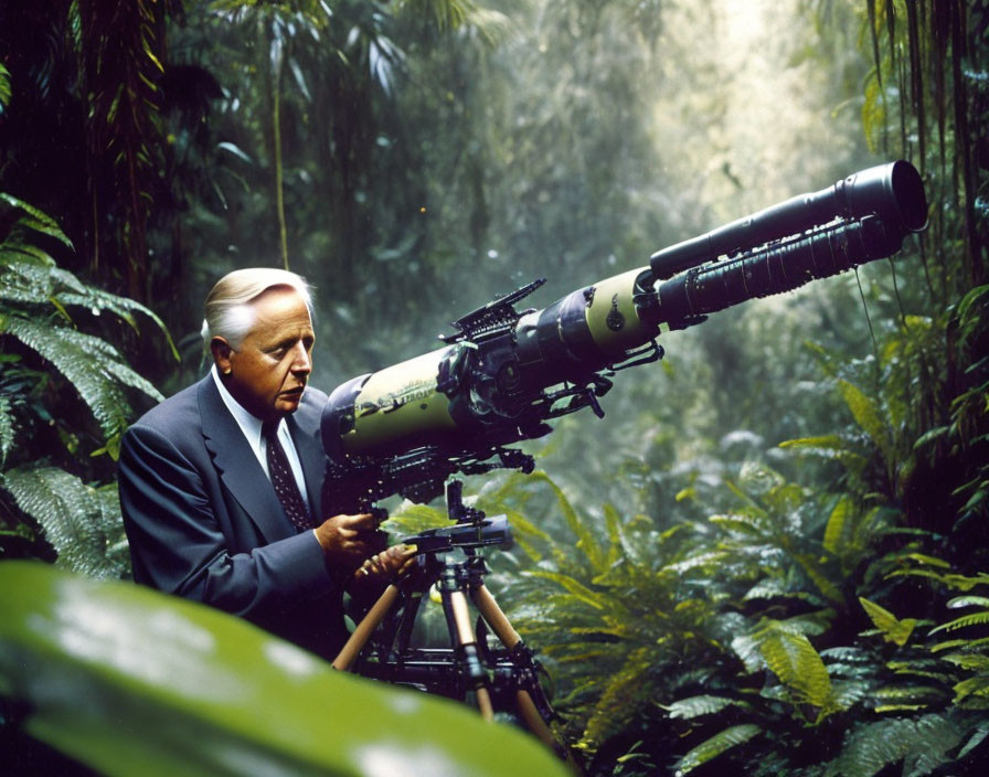 Photographer with large camera in lush green forest