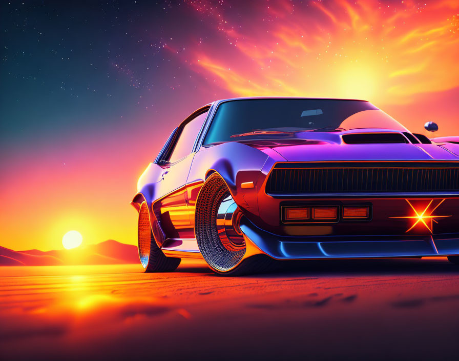 Retro-futuristic car parked in desert under twilight sky