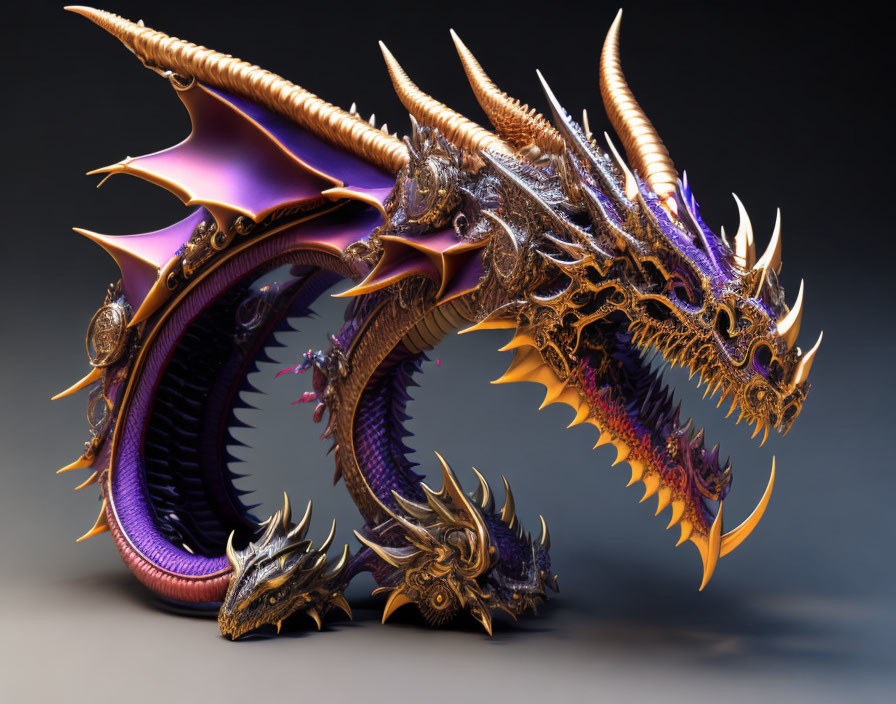 Digital artwork: Multi-headed dragon with golden scales and violet underbelly