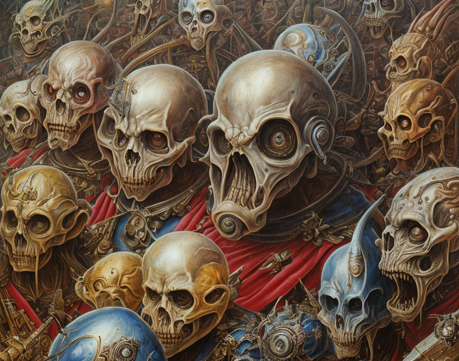 Detailed Artwork: Skulls with Metallic Adornments on Mechanical Background