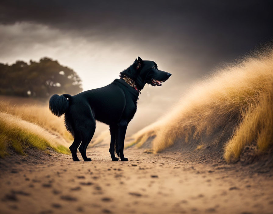 Black Dog with Studded Collar in Golden Grasses