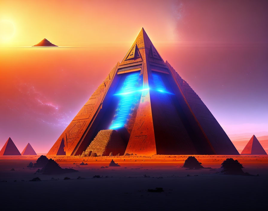 Futuristic pyramid emitting blue glow among traditional pyramids and hovering spaceship