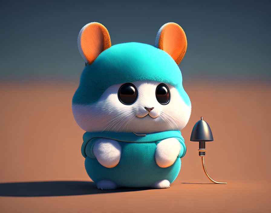 Cartoonish orange and white hamster in blue hoodie next to lamp