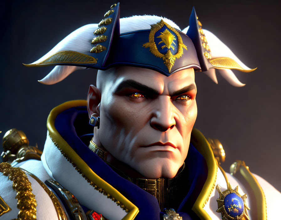 Regal figure in blue and gold military uniform with stern expression