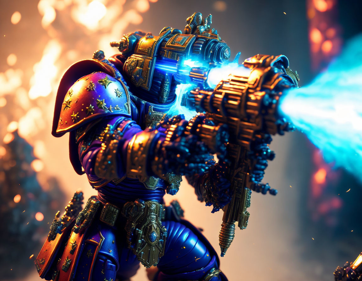 Detailed Futuristic Warrior Figurine in Blue and Gold Armor Firing Energy Beam