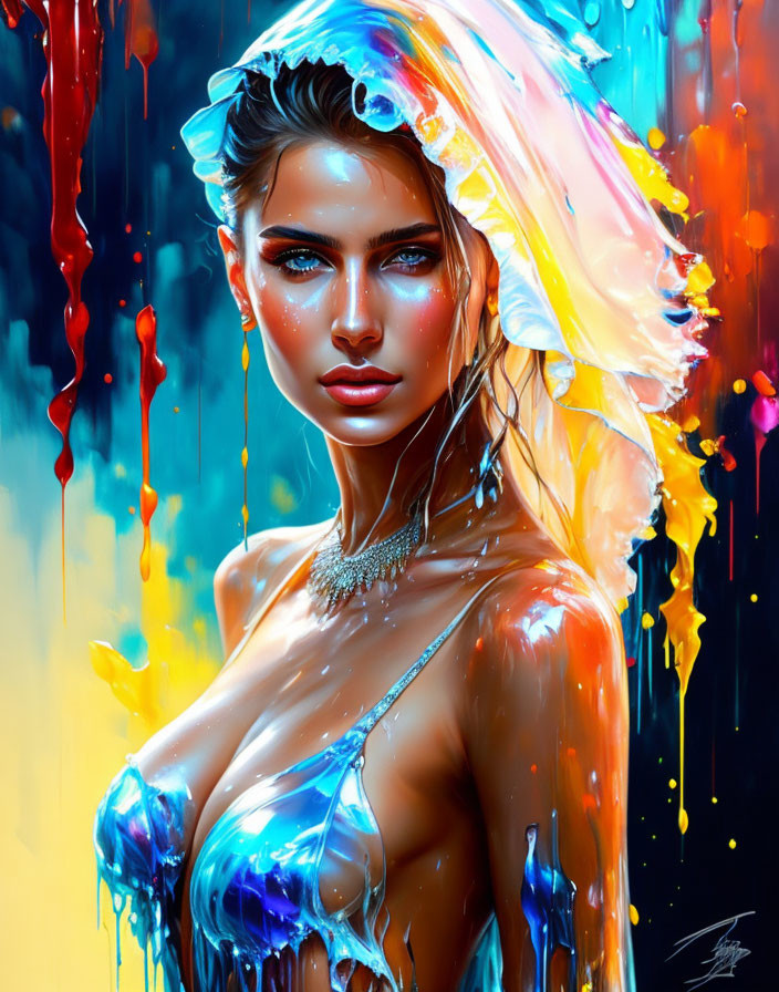 Colorful digital artwork: Woman with blue eyes and paint streaks