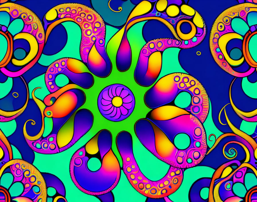 Colorful fractal pattern with swirling purple, yellow, and orange shapes on neon green background