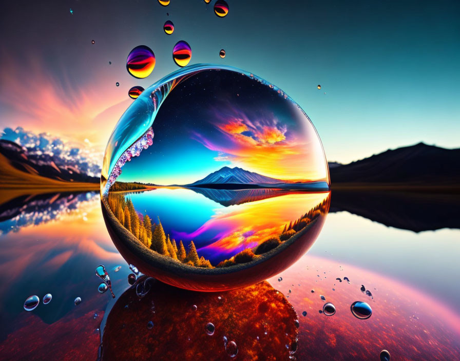 Surreal image: Floating bubbles mirror vibrant sunset landscape