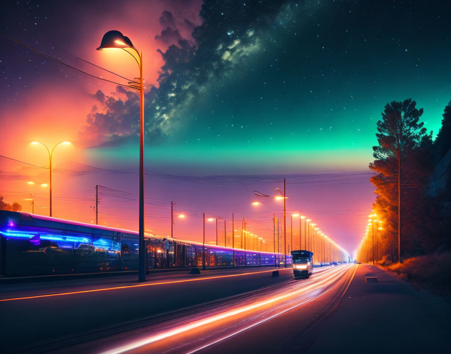 Colorful aurora and starry sky illuminate vibrant night scene with streetlights, bus, and light