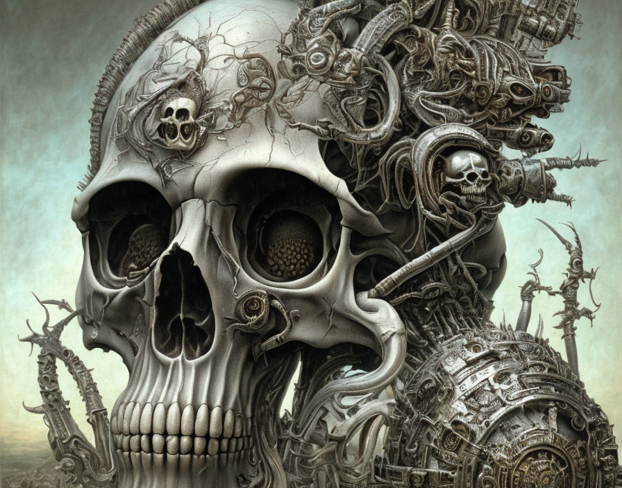 Surreal artwork: Mechanical skull with embedded smaller skulls on moody backdrop