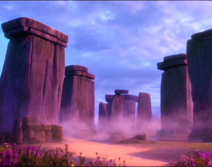 Mystical Stonehenge with towering stone slabs in purple mist