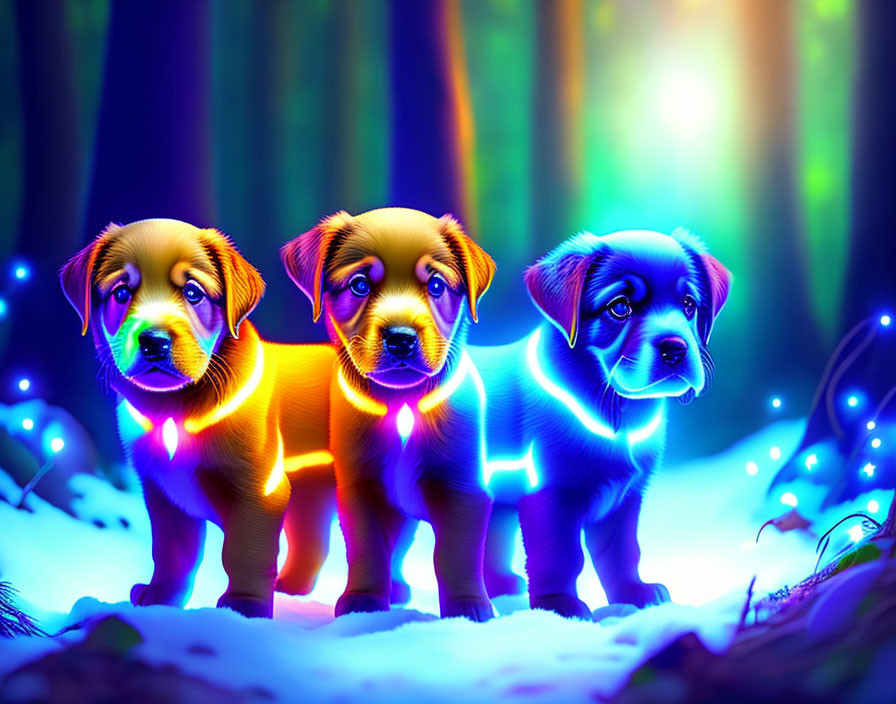 Vibrant neon-lit puppies in snowy forest with blue and green lights